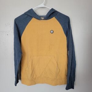 Volcom Boys Small Raglan Long Sleeve Hooded Shirt Blue Mustard Yellow Hoodie